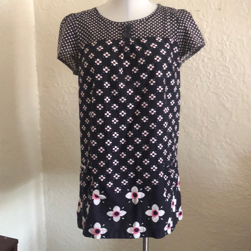 Vintage Style Mod Floral Shift Tunic Blue White Daisy Shirt Dress Top
